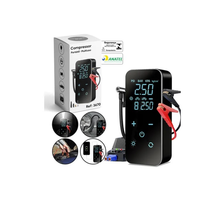Compressor de Ar Portátil B&G Digital USB-C para Carro Moto Bicicleta