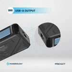 Black power bank with USB-A output on a light gray background, featuring Powerology branding.