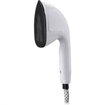 White handheld shower head with black nozzle on a white background
