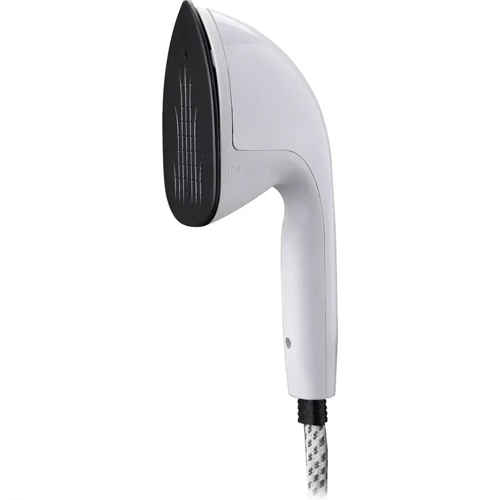 White handheld shower head with black nozzle on a white background