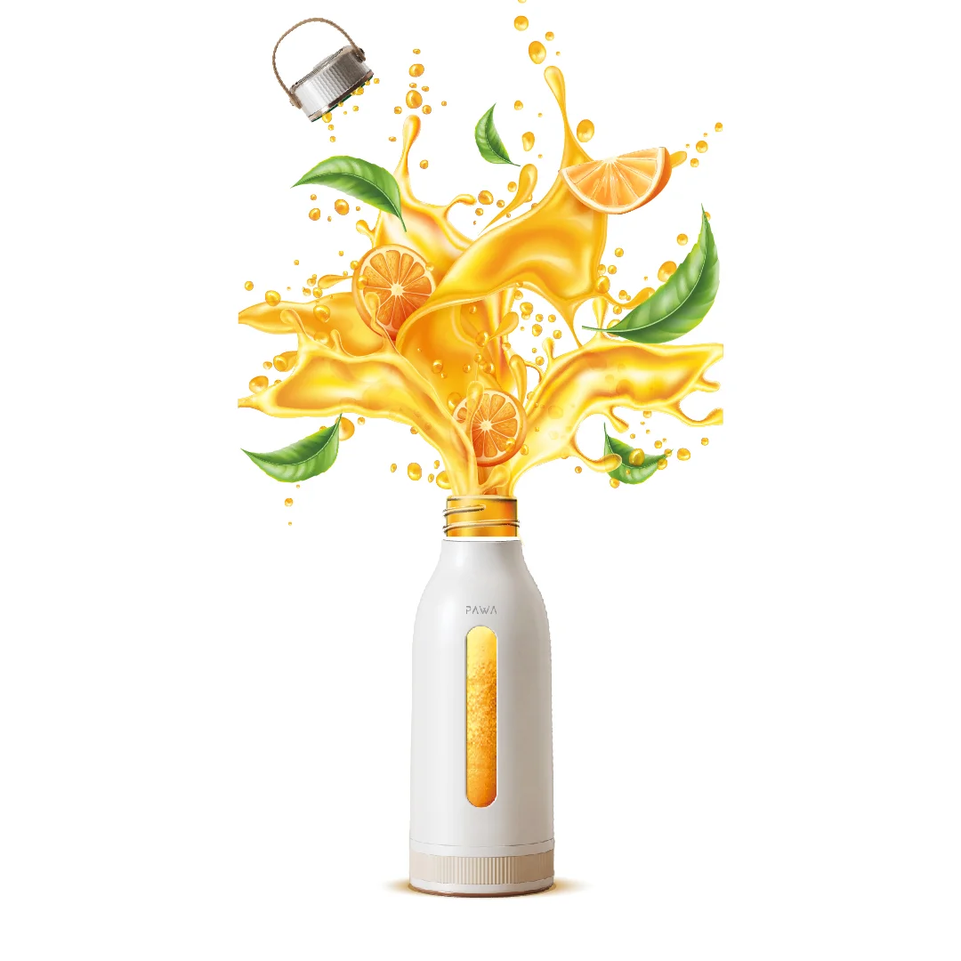 White water bottle with gold accents and orange juice splashes on a white background