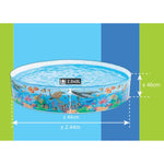 Inflatable pool with ocean-themed design and measurements on a blue and green background
