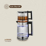 Glass coffee maker with metal base and handle, featuring 'Auto Shut Off' feature, on a beige background.