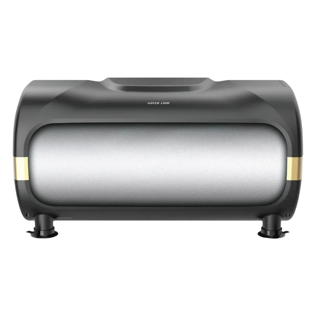 A sleek, modern water heater or storage tank with a matte black top and base, a large brushed silver metallic front panel, and small gold accent rings on the sides, shown against a plain white background.