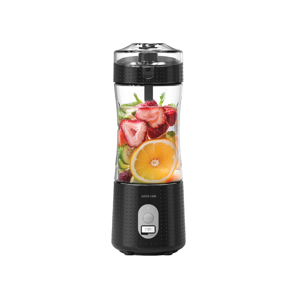 Black portable blender with fruits inside on a white background