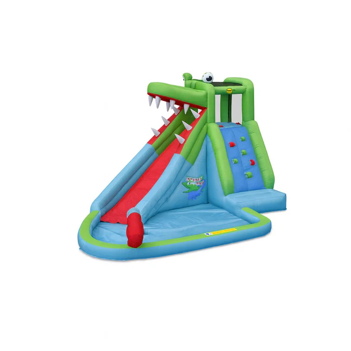 Children's inflatable slide and jump house with crocodile design on a white background