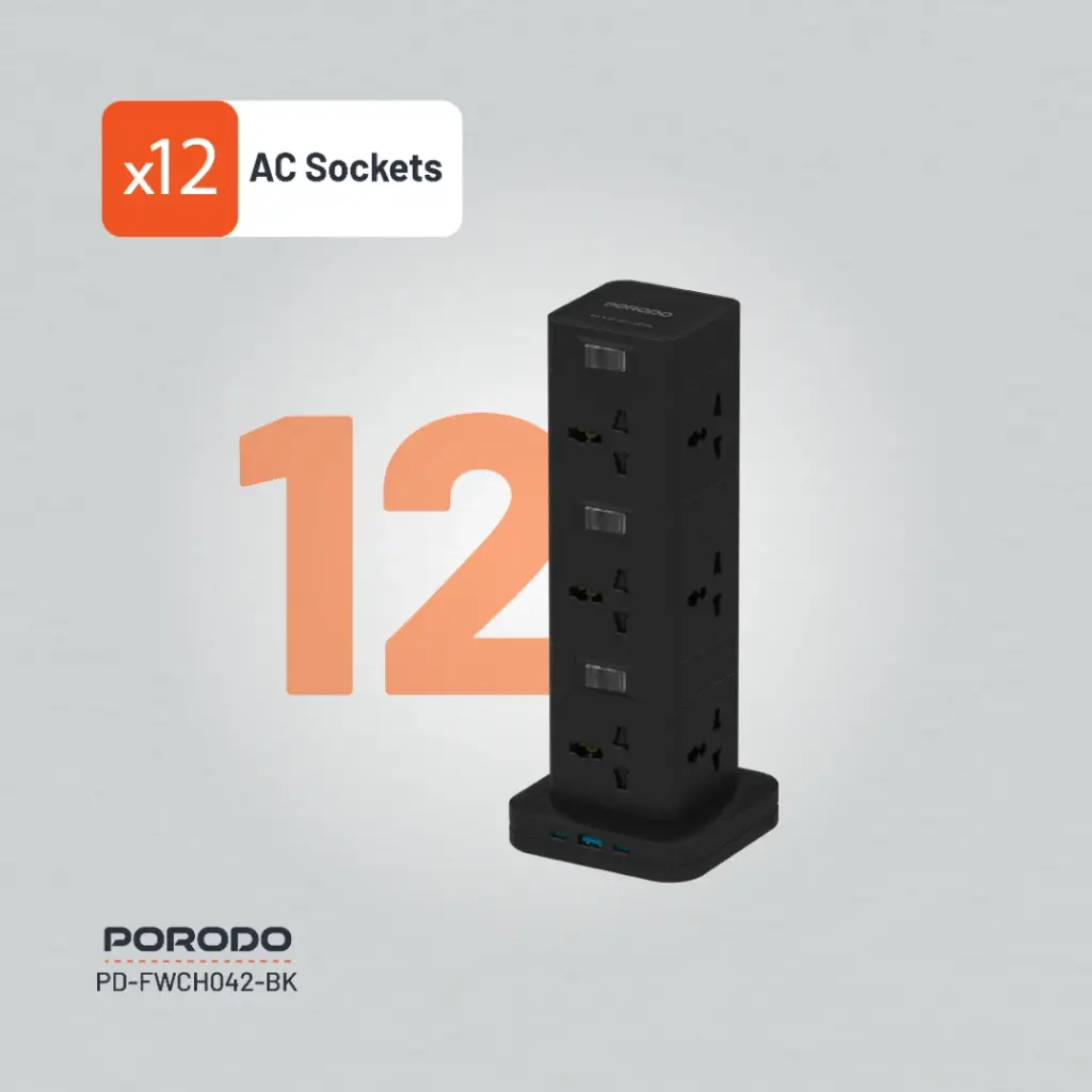 Black power strip with 12 AC sockets on a gray background, featuring the PORODO brand.