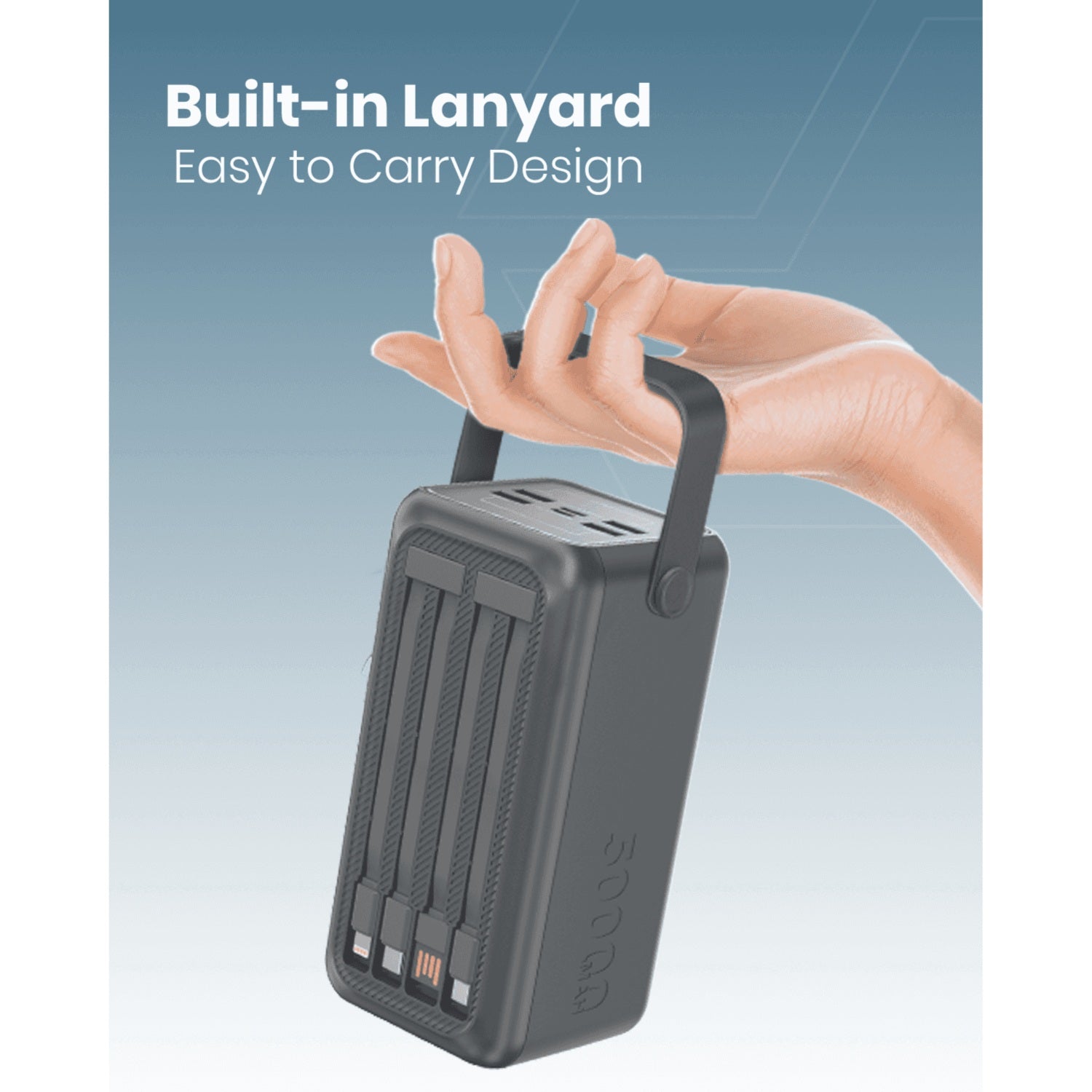 Black portable device with a built-in lanyard held by a hand on a gradient blue background