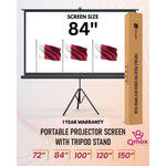 Quick-setup portable cinema screen available in 60", 72", 84", 100", 120" sizes.
