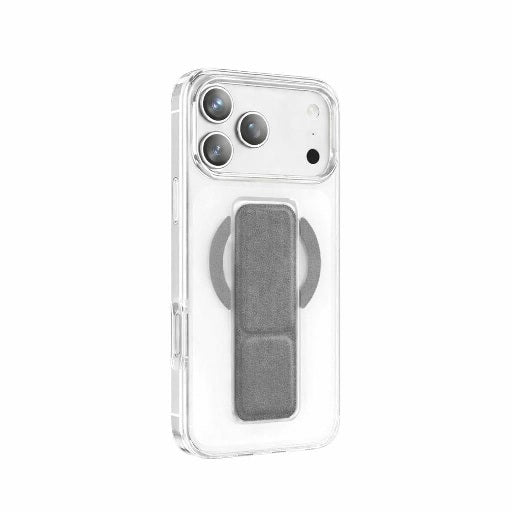 Transparent iPhone 17 Pro MagSafe case featuring a sleek gray multifunctional stand strap