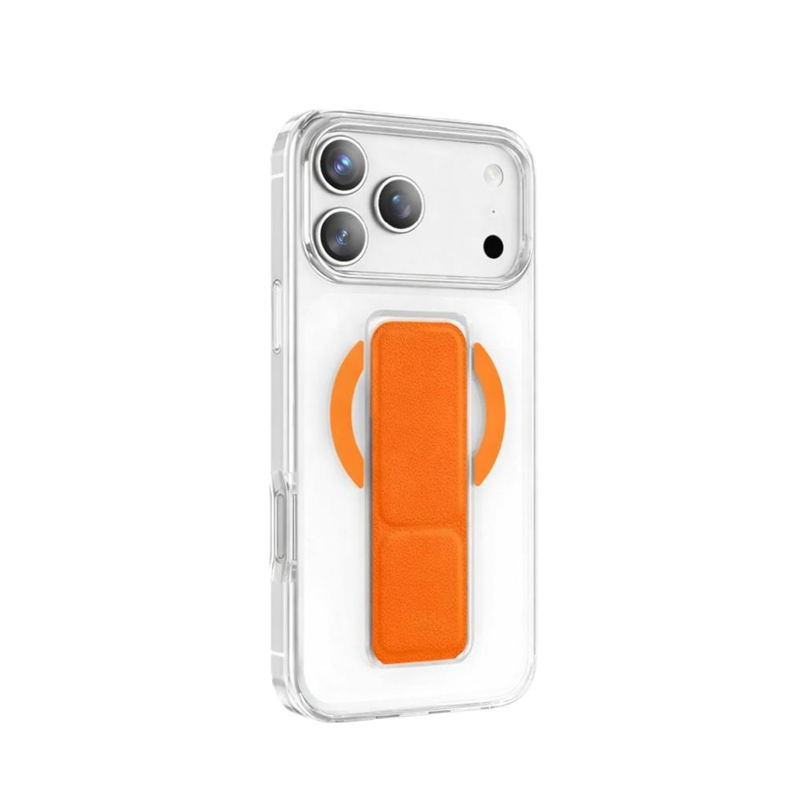 "Transparent iPhone 17 Pro Max MagSafe case featuring a vibrant orange multifunctional stand strap."