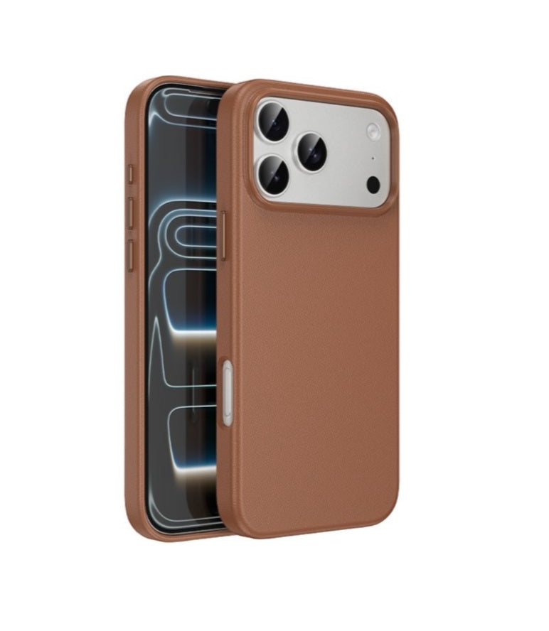 Hoco DG29 brown leather-textured protective case for iPhone 17 Pro Max front and back view.