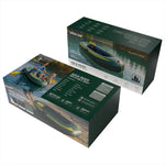 Two retail boxes for the Green Lake Aqua Rider Inflatable Boat shown on a plain white background, with one box displaying the front artwork and the other showing the side and back technical/spec information.