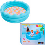 Inflatable pool with floral pattern and Intex packaging on a white background