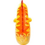 Inflatable pool toy shaped like a hot dog with tiger stripes on a white background