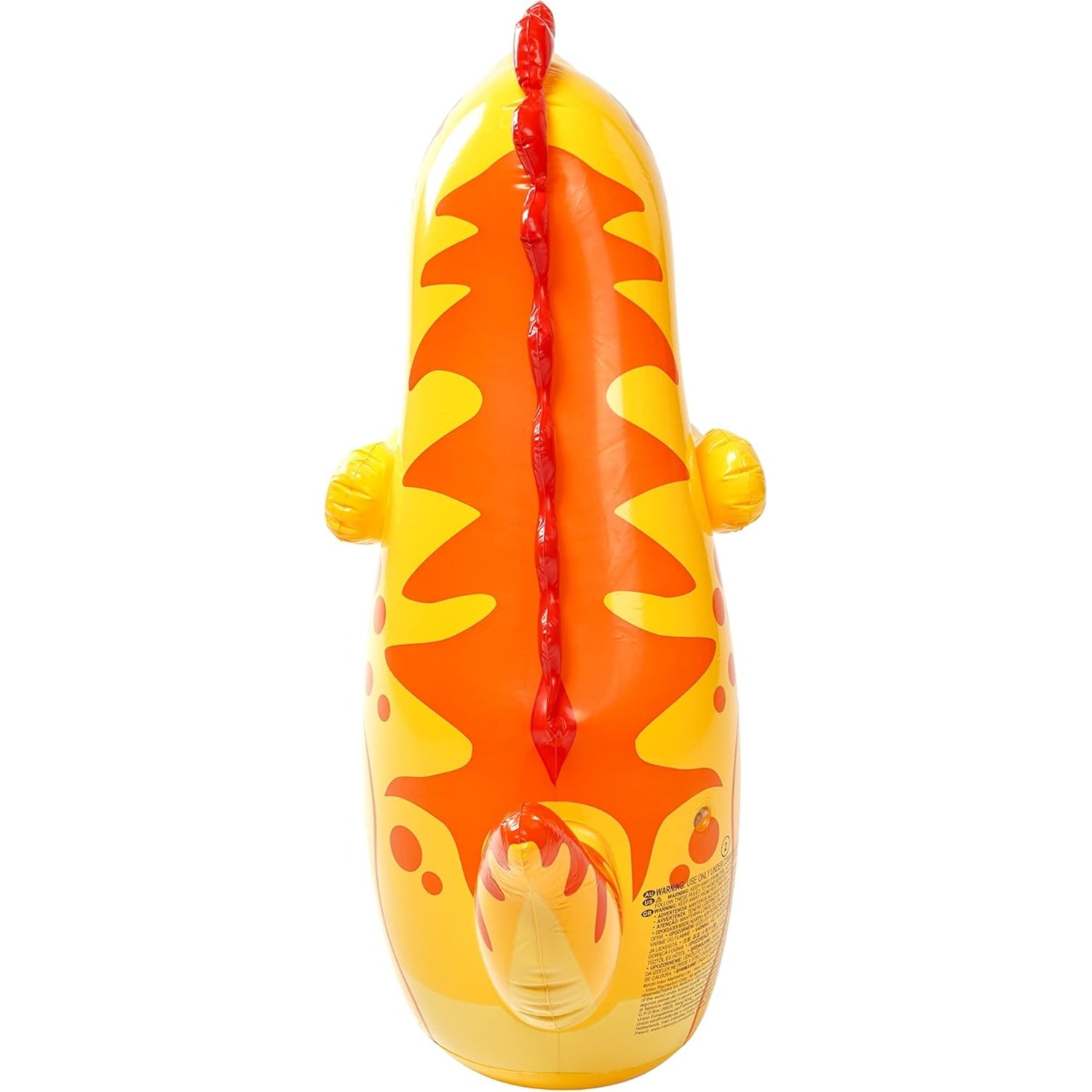 Inflatable pool toy shaped like a hot dog with tiger stripes on a white background