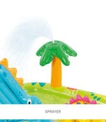 Inflatable pool toy with palm tree design and sprayer feature on a white background