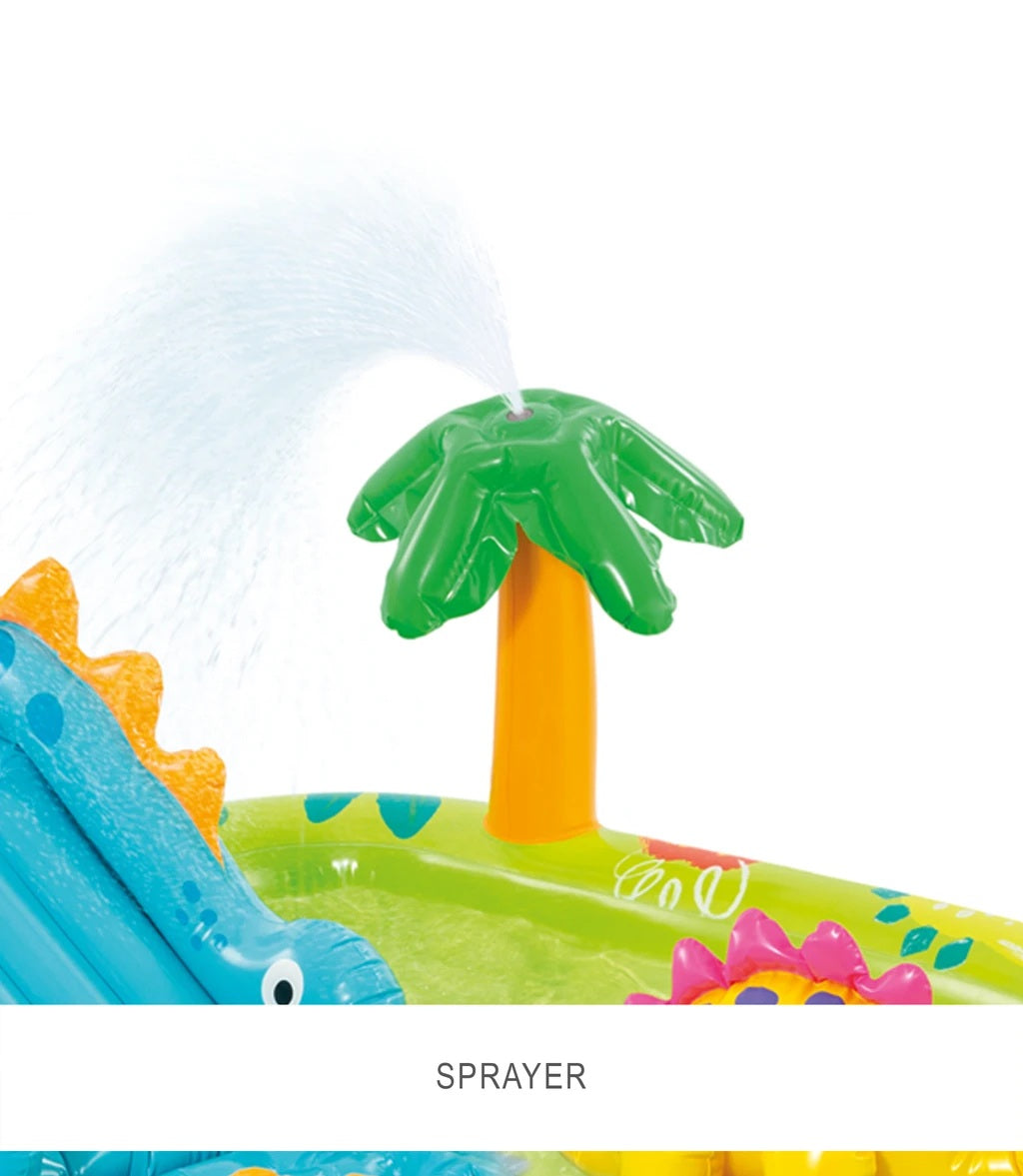 Inflatable pool toy with palm tree design and sprayer feature on a white background