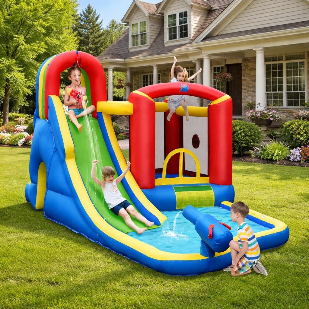 Children playing on a colorful inflatable water slide and bounce house in a backyard.