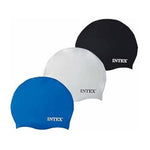 Set of four swim caps in black, white, and blue with 'Intex' branding on a white background.