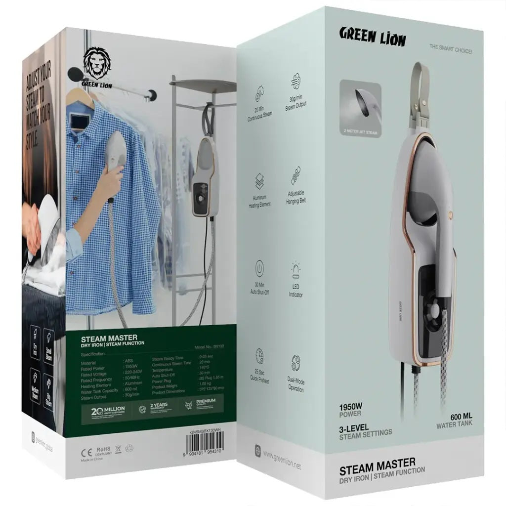 Green Lion Steam Master packaging with product image and specifications on a white background