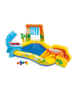 Children's inflatable pool with slide and dinosaur design on a white background