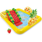 Inflatable play mat with fruit-themed toys on a white background