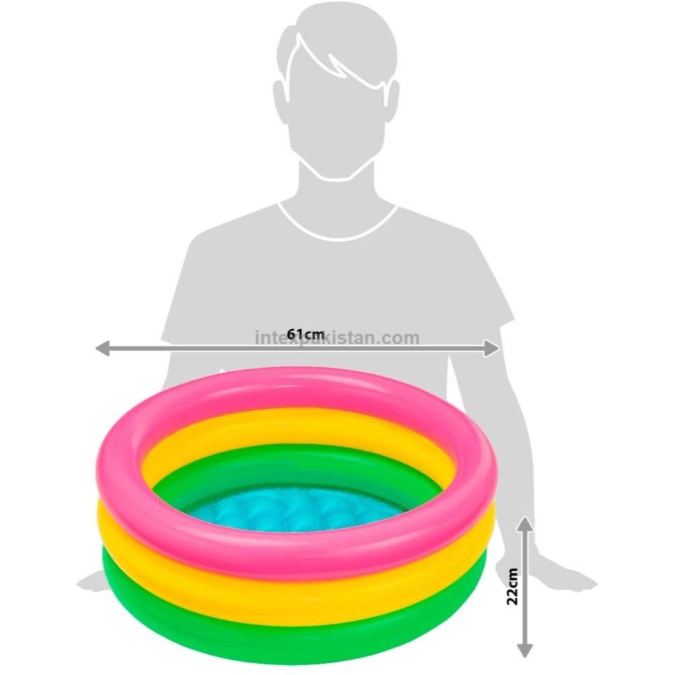 Colorful inflatable rings with size measurement against a silhouette of a person.