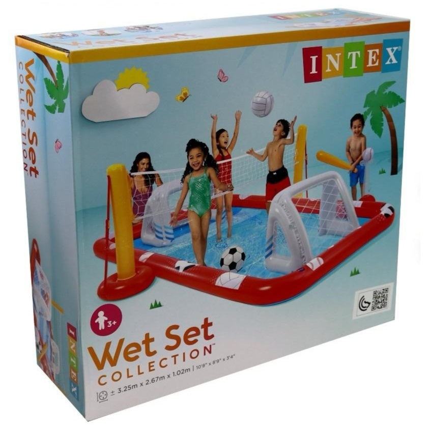 Intex Wet Set Collection packaging with children playing on a pool set.