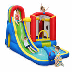 Colorful inflatable water slide and bounce house with children playing on a white background