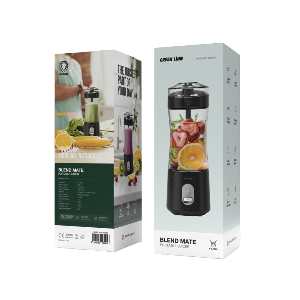 Green Lion Blend Mate portable blender with packaging on a white background