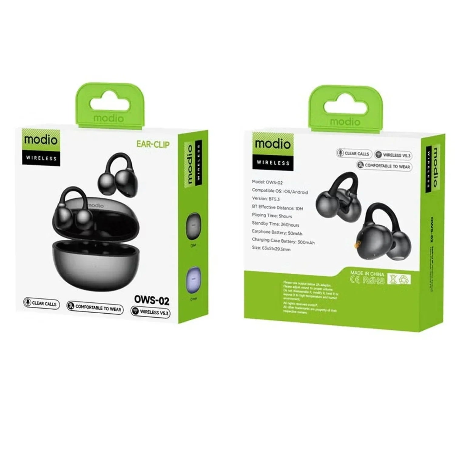 Modio Wireless Ear Clip OWS-02 Bluetooth 5.4 Earbuds with Charging Case - Black