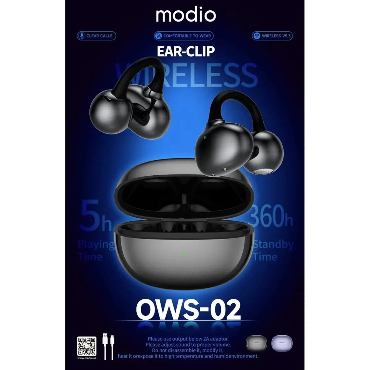 Modio Wireless Ear Clip OWS-02 Bluetooth 5.4 Earbuds with Charging Case - Black