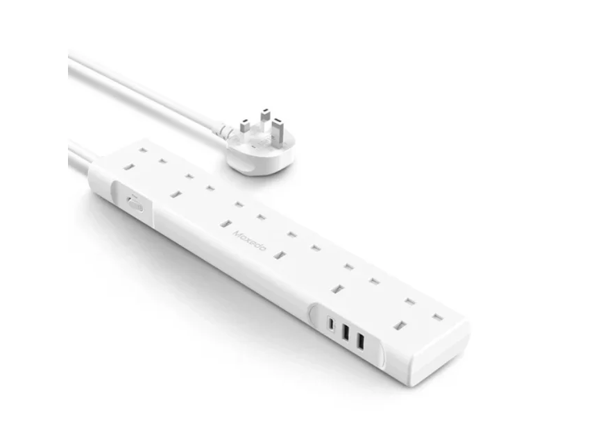 White power strip with multiple outlets and USB ports on a white background