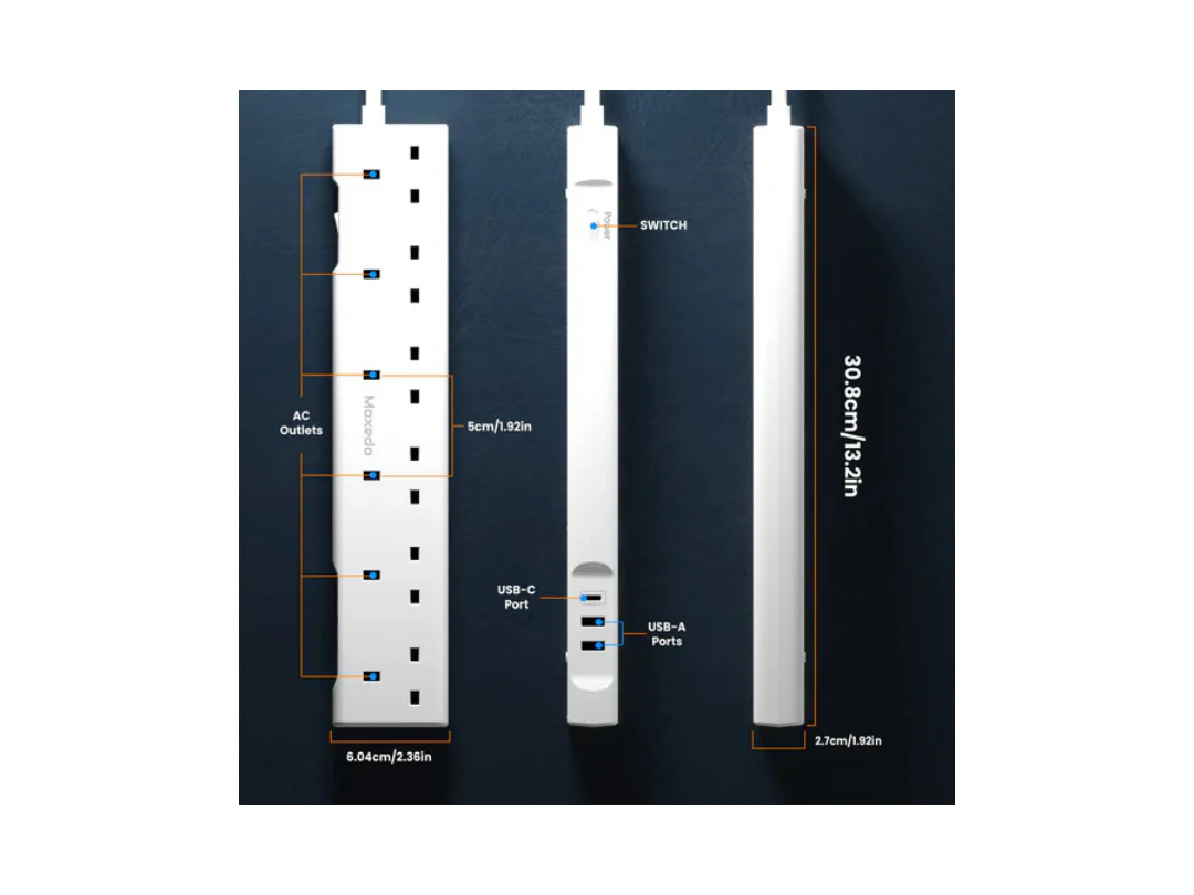 Power strip with labeled ports on a dark background