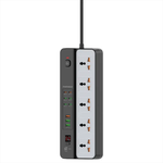 Power strip with multiple outlets and USB ports on a white background