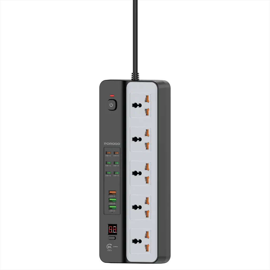 Power strip with multiple outlets and USB ports on a white background
