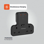 Black charging adapter with multiple ports on a gray background, featuring the Porodo brand.