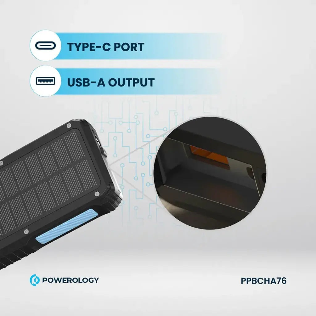 Solar power bank with Type-C and USB-A outputs on a white background, featuring Powerology branding.