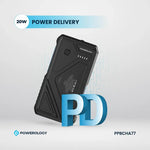 Black power bank with 'Powerology' branding on a light gray background