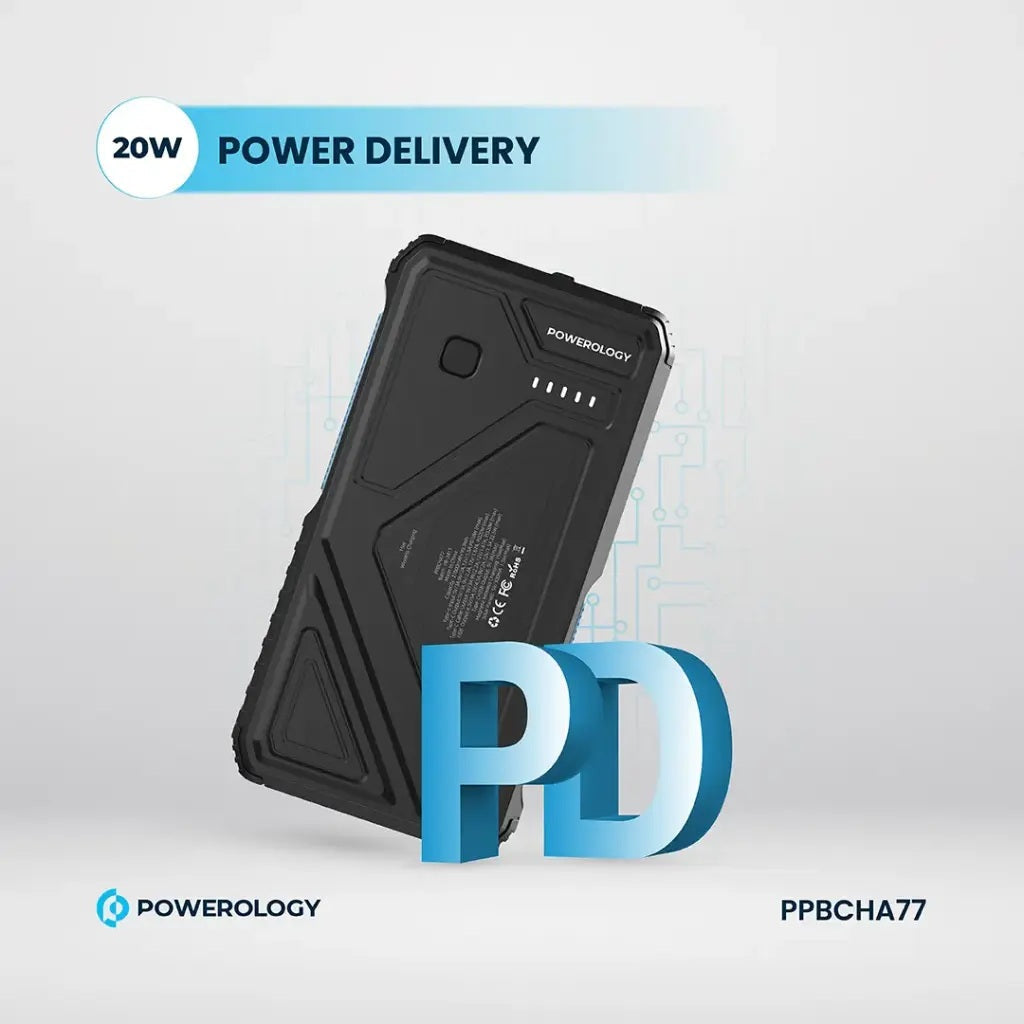 Black power bank with 'Powerology' branding on a light gray background