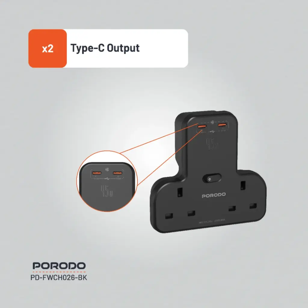 Black power adapter with two Type-C outputs on a gray background, featuring the PORODO brand.