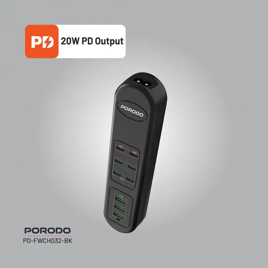 PORODO power adapter with multiple ports on a gray background