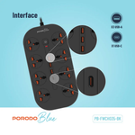 Power strip with USB ports and sockets on a blue background, featuring Porodo Blue branding.