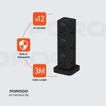 Black power strip with features highlighted on a light gray background