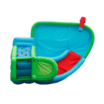 Colorful inflatable pool toy with slide and climbing wall on a white background