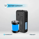 Black power bank with blue accent and 'Powerology' branding on a light gray background