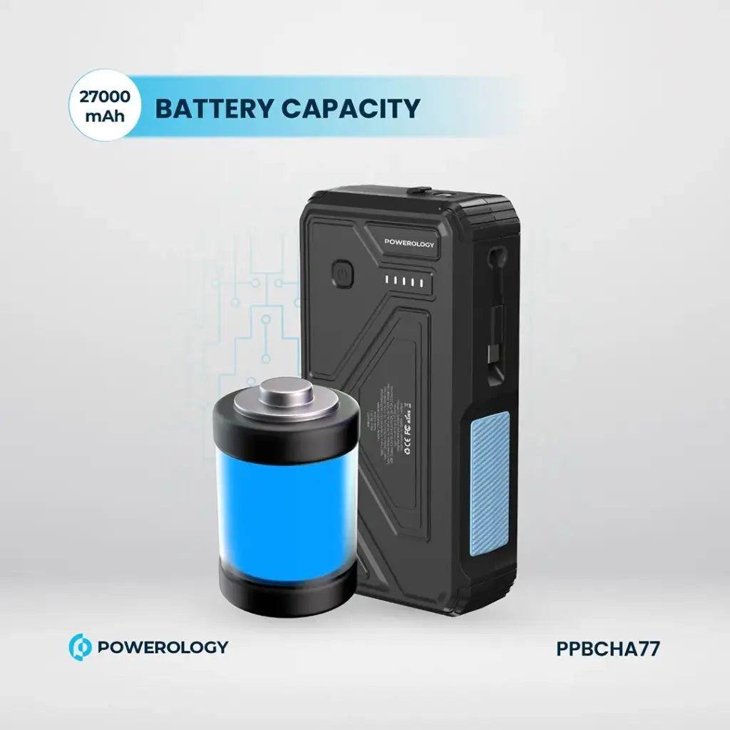 Black power bank with blue accent and 'Powerology' branding on a light gray background