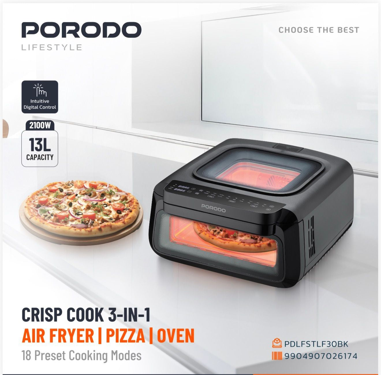 PORODO Crisp Cook 3-in-1 appliance with pizza on a white background