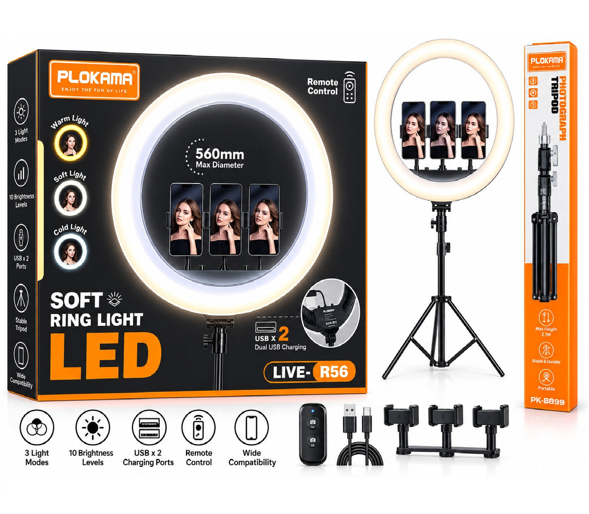 PLOKAMA LIVE-R56 560mm LED Ring Light with Tripod & Remote